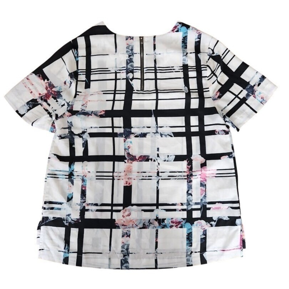 Daniel Rainn Black White Floral Graphic Print Short Sleeve Zipper Top M A44 - Picture 2 of 5